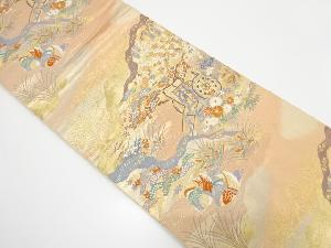 御所車に鴛鴦・草花模様織り出し　袋帯